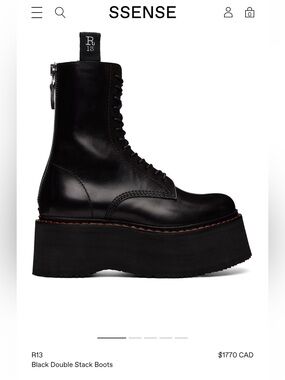 R13 Black Leather Platform Double Stack Lace-Up Combat Boots
